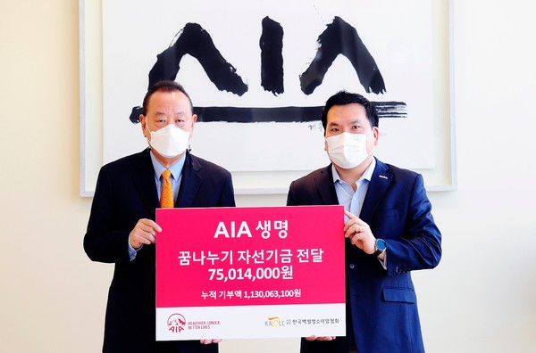 한국백혈병소아암협회 이중명 회장(왼쪽), AIA생명 피터 정 대표(오른쪽)/사진제공=AIA생명